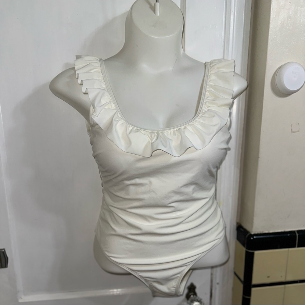 Ladies white ruffle swim suit